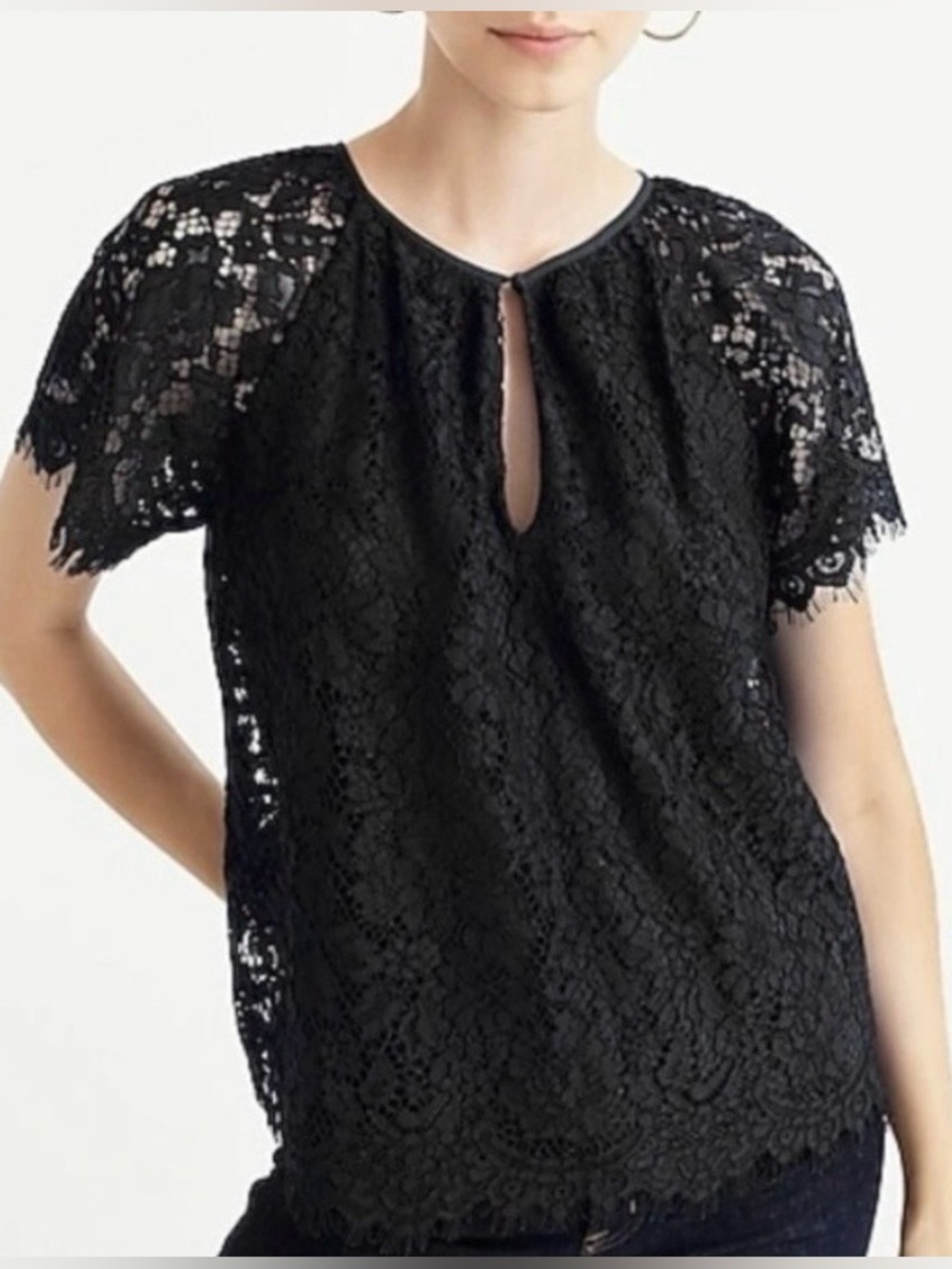 J. Crew Short-Sleeve Lace Top in Black | XLT | EUC